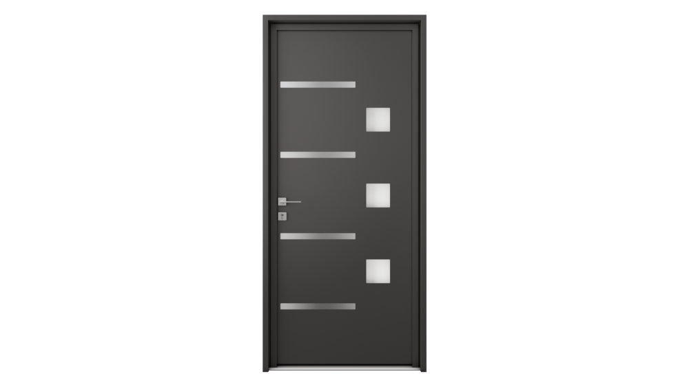 Porte d'entrée aluminium SAMOS Porte d'entrée grise avec décor lignes et petits carrés